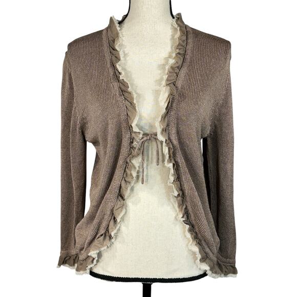 Boden SZ 14 Cardigan Ruffled Tie Front Long Sleeves Linen Blend Stretch Beige - Picture 1 of 9